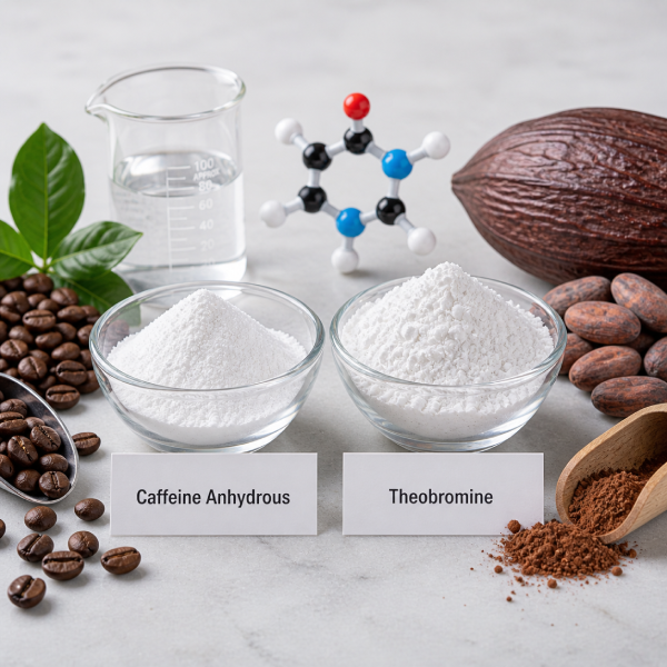 Caffeine and theobromine ingredients flat lay