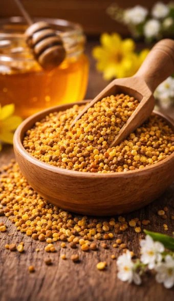 bee-pollen-granules-honey-floral-background